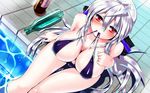  alcohol bikini blush bottle bow breasts cleavage dangan_neko drunk dutch_angle hair_bow highres large_breasts long_hair mouth_hold ponytail pool poolside red_eyes sake silver_hair smile soaking_feet solo swimsuit tattoo thigh_gap untied untied_bikini very_long_hair vocaloid voyakiloid water yowane_haku 