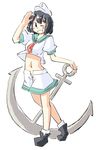  anchor arnest black_eyes black_hair hat midriff murasa_minamitsu navel one_eye_closed open_clothes open_shorts sailor sailor_hat salute short_hair short_sleeves shorts simple_background smile solo touhou white_background 