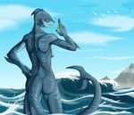  back blue blue_skin blue_sky blue_theme breasts butt cool_colors darkiron eyes female fish jewelry marine nude sea shark side_boob solo water 
