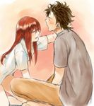  1girl bad_id bad_pixiv_id black_hair blush closed_eyes facial_hair hetero inuzuka_bouru long_hair makise_kurisu okabe_rintarou open_mouth red_hair short_hair simple_background sitting smile steins;gate stubble 