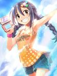  braid brown_eyes copyright_name edobox fashion hair_ornament handheld_game_console idolmaster idolmaster_cinderella_girls long_hair miyoshi_sana nintendo_ds shorts solo twin_braids 