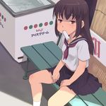  bench brown_eyes brown_hair food long_hair meow_(nekodenki) midriff mouth_hold original popsicle school_uniform serafuku sitting solo 