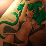  animal_ears arm_up blush breasts elbow_gloves gloves green_eyes green_hair green_panties heterochromia kuromiya looking_at_viewer lying on_back open_clothes open_mouth open_shirt original panties shirt small_breasts solo tail tamamiya_tami underwear yellow_eyes 