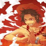  1boy beads bracelet brown_hair clenched_hand fighting_stance fist freckles grin hat jewelry male male_focus necklace one_piece portgas_d_ace red_eyes smile smoke solo stampede_string topless 