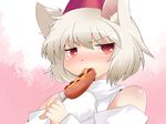  animal_ears bad_id bad_pixiv_id bare_shoulders blush commentary detached_sleeves eating food hammer_(sunset_beach) hat hot_dog inubashiri_momiji jitome sausage sexually_suggestive short_hair silver_hair solo tokin_hat touhou upper_body wolf_ears 