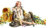  1boy barefoot eyes_closed gem gold jacket_on_shoulders jewel jewelry male male_focus muscle necklace one_piece open_collar pirate red_hair scar shanks shirt sitting smile solo sword treasure treasure_chest weapon white_background white_shirt 