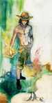  1boy belt character_name fighting_stance fire full_body hat jewelry male male_focus necklace one_piece portgas_d_ace shorts solo stampede_string standing topless traditional_media traditional_medium watercolor_(medium) 