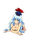  bad_id bad_pixiv_id bare_shoulders barefoot blue_hair blush breasts brown_eyes camisole collarbone hat kamishirasawa_keine large_breasts long_hair lying non_(z-art) panties simple_background solo strap_slip touhou underwear underwear_only white_background white_panties 