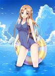  :o asuna_(sao) breasts brown_hair cloud collarbone covered_nipples day half_updo highres innertube long_hair maki_(makidai2024) medium_breasts ocean one-piece_swimsuit open_mouth perky_breasts school_swimsuit sky solo swimsuit sword_art_online very_long_hair wading water yellow_eyes 