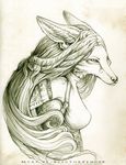  alectorfencer anthro canine female fox hair line_art long_hair mammal monochrome myre portrait solo 