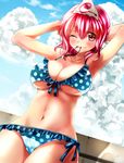  armpits arms_up bikini blush breasts cleavage cloud cloudy_sky day dutch_angle frilled_bikini frills front-tie_top large_breasts mouth_hold nagare navel one_eye_closed pink_eyes pink_hair polka_dot polka_dot_bikini polka_dot_swimsuit saigyouji_yuyuko short_hair side-tie_bikini sky smile solo swimsuit touhou triangular_headpiece underboob 