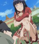  1boy 1girl aburame_shino blush breasts censored china_dress chinese_clothes cleavage cleavage_cutout convenient_censoring covering dress dutch_angle from_below highres hyuuga_hinata large_breasts legs looking_down naruto outdoors screencap squatting stitched venus_flytrap 