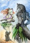  alectorfencer amputee anthro canine couple dancing duo female loincloth male mammal smile wolf 