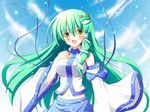  blush breasts detached_sleeves frog_hair_ornament green_hair hair_ornament hair_tubes kochiya_sanae large_breasts long_hair navel open_mouth osashin_(osada) revision ribbon skirt smile snake solo touhou yellow_eyes 