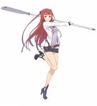  arca_(summon_night) belt blush full_body high_heels holding jpeg_artifacts kuroboshi_kouhaku leg_up long_hair miniskirt official_art red_hair resized shoes simple_background skirt smile solo summon_night summon_night_5 weapon white_background 