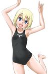  :d armpits arms_up barefoot blonde_hair blue_eyes blush erica_hartmann mayo_chiki! one-piece_swimsuit open_mouth parody sakamachi_kureha short_hair smile solo standing standing_on_one_leg strike_witches swimsuit world_witches_series youkan 