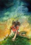  abstract_background alectorfencer canine fox grass hair long_hair lying male mammal smile solo 