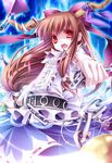  aura brown_hair chain fang gourd highres holding horns ibuki_suika long_hair moneti_(daifuku) open_mouth outstretched_arm red_eyes solo touhou 