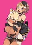  2girls :d ahoge_girl_(23) animal animal_on_head aqua_eyes arms_around_neck bare_shoulders bird blonde_hair blush breast_press breasts chick cleavage collarbone dark-skinned_girl_(23) dark_skin fantasy_earth_zero gloves hat highres hug hug_from_behind jewelry large_breasts looking_at_viewer multiple_girls necklace on_head open_mouth original pink_background ponytail short_hair silver_hair simple_background smile v_arms 
