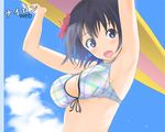 :d armpits arms_up bikini_top black_hair blue_eyes blush breasts cleavage cloud day flower frogman front-tie_top hair_flower hair_ornament holding izumi_haruka looking_at_viewer medium_breasts nylon official_art open_mouth short_hair sky smile solo surfboard swimsuit upper_body 