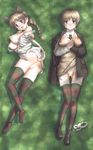  blue_eyes blush braid breast_slip breasts brown_hair censored dakimakura feet large_breasts long_hair lying lynette_bishop military multiple_views navel nipples no_shoes on_back open_clothes open_mouth open_shirt panties panties_removed pussy shirt single_braid smile soles strike_witches striped striped_legwear tail thighhighs underwear uniform world_witches_series youkai_ankake 