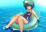  1girl armpits black_hair blush dark_haired_kappa diving_mask extra female grey_eyes hat hatsuse_rui innertube kappa_mob lens_flare looking_at_viewer school_swimsuit sitting solo swimsuit tan touhou water wet 
