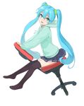  aqua_eyes aqua_hair chair hatsune_miku highres hood hoodie kuroko_(piii) long_hair looking_at_viewer office_chair scrunchie simple_background sitting sitting_backwards skirt solo thighhighs twintails very_long_hair vocaloid white_background 