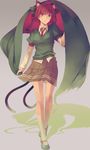  animal_ears bow braid cat_ears cat_tail contemporary full_body green_shirt hair_bow highres kaenbyou_rin llc long_hair mary_janes multiple_tails necktie nekomata parted_lips red_eyes red_hair shirt shoes simple_background skirt socks solo sweater tail touhou twin_braids white_legwear wind 