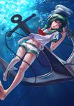 absurdres anchor barefoot belt chain fish green_eyes green_hair hat hat_removed headwear_removed highres murasa_minamitsu navel open_mouth sailor sailor_hat short_shorts shorts solo touhou underwater xiamianliele 