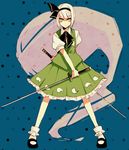  bad_id bad_pixiv_id black_hairband blush dual_wielding hair_ribbon hairband hitodama holding ishiaji katana konpaku_youmu konpaku_youmu_(ghost) ribbon short_hair silver_hair skirt solo sword touhou vest weapon yellow_eyes 