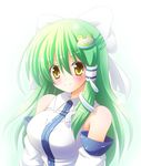  ^_^ bare_shoulders blush bow breasts closed_eyes detached_sleeves frog_hair_ornament green_hair hair_bow hair_ornament hair_tubes kochiya_sanae large_breasts long_hair osashin_(osada) revision smile snake solo touhou upper_body yellow_eyes 