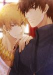  blonde_hair brown_eyes brown_hair fate/zero fate_(series) gilgamesh jewelry kotomine_kirei male_focus multiple_boys necklace red_eyes sng 