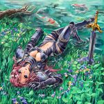  :o armor blue_eyes boots breasts carp center_opening cleavage fish grass greaves highres long_hair looking_at_viewer lying medium_breasts navel on_back original partially_submerged pink_hair planted_sword planted_weapon sword tetrapod_(youhei_1985) thighhighs upside-down water weapon 