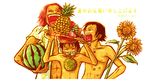  3boys black_hair brother brothers eating flower food fruit grapes hat male male_focus monkey_d_luffy mouth_hold multiple_boys one_piece open_clothes open_shirt pineapple portgas_d_ace red_hair scar shanks shirt siblings simple_background smile straw_hat sunflower text topless watermelon white_shirt 