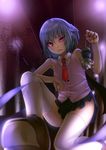  bat_wings blue_hair fang highres kneeling mossari_poteto mouse nazrin nazrin_(mouse) necktie no_hat no_headwear open_mouth perspective rat red_eyes remilia_scarlet short_hair skirt sleeveless solo thighhighs touhou white_legwear wings 