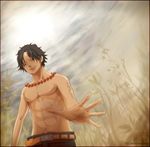  1boy belt black_hair hand hands jewelry looking_at_viewer male male_focus meissdes necklace one_piece outdoors plant portgas_d_ace solo standing sun tattoo topless 