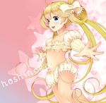  bad_id bad_pixiv_id blonde_hair bloomers blue_eyes bow hair_bow hair_ornament hair_rings hairclip long_hair momoshiki_tsubaki navel open_mouth original outstretched_arms outstretched_hand solo star twintails underwear 