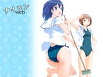  aida_makoto arm_up ass blue_eyes blue_hair brown_eyes brown_hair brush covered_navel frogman from_behind izumi_haruka leg_up looking_back multiple_girls nylon one-piece_swimsuit open_clothes open_mouth school_uniform serafuku short_hair swimsuit swimsuit_under_clothes translation_request 