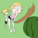  1girl blindfold blonde_hair brother_and_sister food fruit hazuki_natsu kagamine_len kagamine_rin siblings suikawari twins vocaloid watermelon 