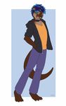  beard black_nose blue_eyes blue_hair brown_fur clothed clothing collar ear_piercing facial_hair fur hair looking_at_viewer male mammal mustelid open_mouth otter piercing sabretoothed_ermine simple_background smile solo standing 
