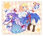  alice_margatroid apron blonde_hair blue_eyes book capelet crescent cross-laced_footwear frills hairband hat kisumi_mews long_hair long_sleeves multiple_girls open_mouth patchouli_knowledge purple_eyes purple_hair sash shanghai_doll short_hair star touhou very_long_hair wrist_cuffs 