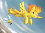  amber_eyes arthropod blitzpony equine female feral friendship_is_magic fur green_eyes hair horse insect mammal my_little_pony orange_hair parasprite_(mlp) pegasus pony simple_background spitfire_(mlp) wings wonderbolts_(mlp) yellow_fur 