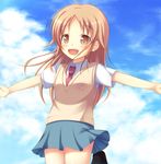  :d black_legwear blush brown_eyes brown_hair cloud day highres legs long_hair md5_mismatch miyamoto_konatsu necktie open_mouth outstretched_arms psyche3313 school_uniform skirt sky smile socks spread_arms sweater_vest tari_tari 