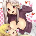  :d ahoge artoria_pendragon_(all) blonde_hair blush breasts commentary_request couple fate/zero fate_(series) green_eyes heart irisviel_von_einzbern large_breasts marimo_danshaku multiple_girls nipples open_clothes open_mouth open_shirt red_eyes saber shirt silver_hair skirt smile yuri 