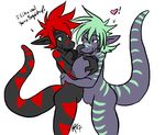  &lt;3 anthro breasts cautioncat dragon duo female females fondling green_hair hair hug licking lizard long_tail nipples quiggles red_hair reptile scalie squibbs tongue 