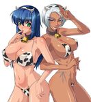  bell blue_hair breasts character_request collar cow_girl cow_horns cow_print dark_skin emina&amp;aki emina_(character) emina_(emina&amp;aki) female green_eyes highres horns kagami kagami_hirotaka large_breasts potur purple_eyes short_hair silver_hair source_request 