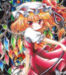  bad_id bad_pixiv_id blonde_hair blush crystal flandre_scarlet hat hat_ribbon laevatein puffy_sleeves red_eyes ribbon short_hair short_sleeves side_ponytail smile solo touhou ura_hiro weapon wings 