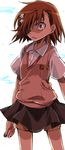  amamiya_hisui bad_id bad_pixiv_id brown_eyes brown_hair coin hair_ornament hairpin highres misaka_mikoto school_uniform shorts skirt solo sweater_vest to_aru_kagaku_no_railgun to_aru_majutsu_no_index 