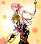  1boy 1girl bow_(weapon) brown_hair bubble_skirt carrying crossover general_radix kaname_madoka keyblade kingdom_hearts kingdom_hearts_ii magical_girl mahou_shoujo_madoka_magica piggyback pink_eyes pink_hair ribbon short_twintails skirt smile sora_(kingdom_hearts) soul_gem twintails weapon 