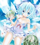  &gt;_&lt; ayuayu bad_id bad_pixiv_id beach biting blue_eyes blue_hair blush bracelet chibi cirno closed_eyes daiyousei day detached_wings fairy_wings food fruit green_hair ice ice_wings jewelry multiple_girls outdoors panties sample short_hair side_ponytail sky strap_slip striped striped_panties touhou underwear watermelon wings 